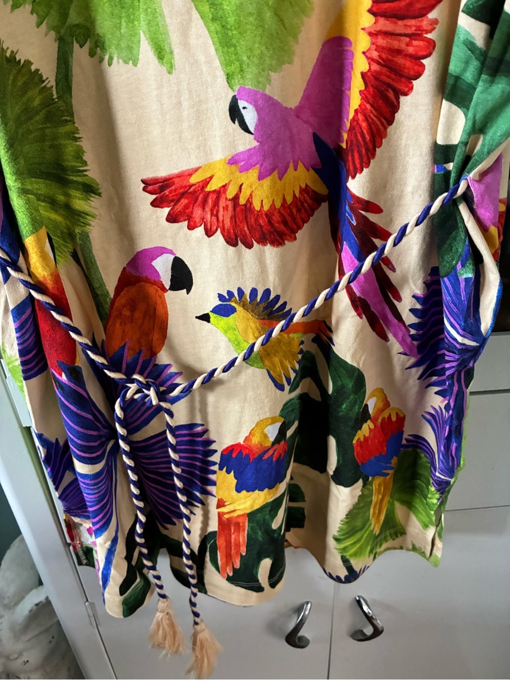 Farm Rio sz S Tropical Parrot Print Tunic Dress in Cream & Bright Greens euc - Picture 2 of 8